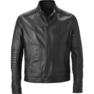 Front view of Fakhra Cavallino Rampante black bomber leather jacket