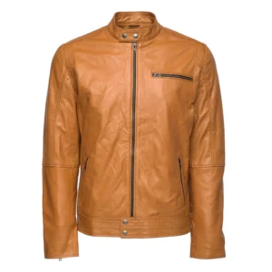 Front view of Fakhra men’s camel café racer leather jacket