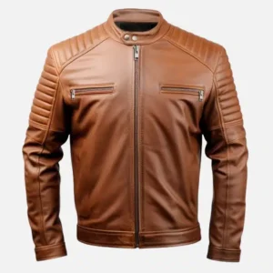 Front view of Fakhra classic brown café racer leather jacket