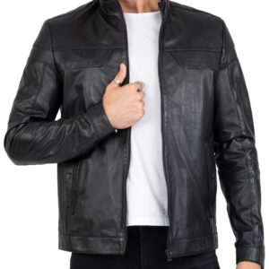 Front view of Fakhra tailored fit black biker leather jacket